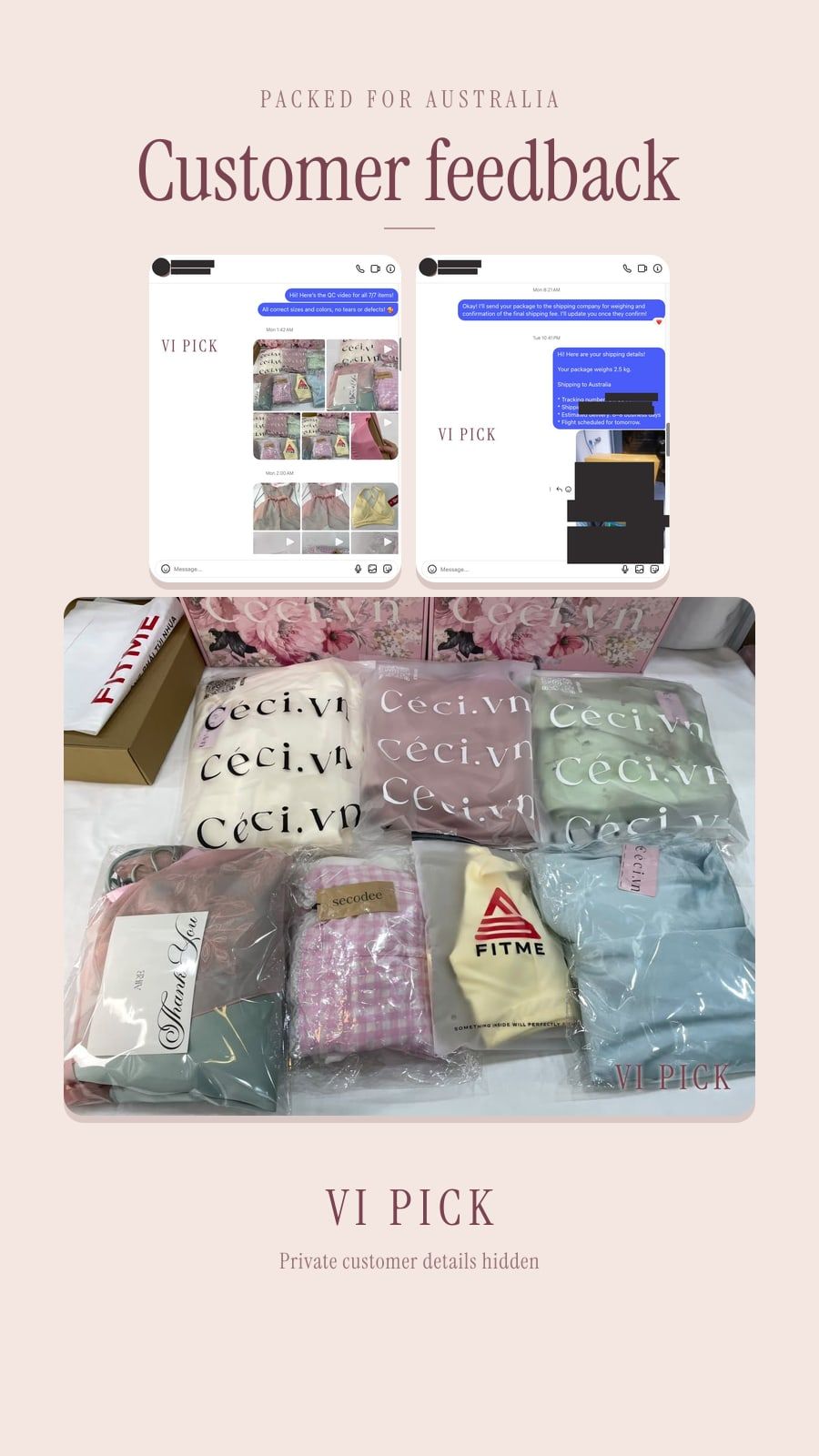 VI PICK QC of a CÉCI, FITME, secodee, and AIRE order, then the parcel packed for Australia, with names, tracking, and shipping fee covered