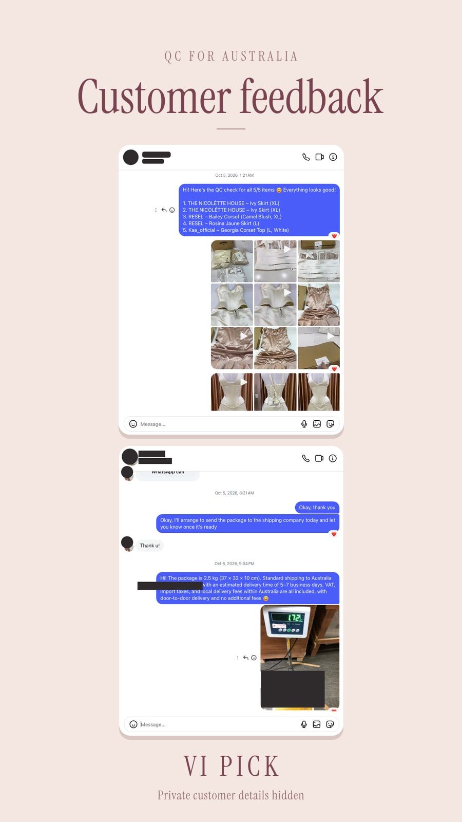 VI PICK QC of a RESEL, THE NICOLÉTTE HOUSE, and Kae_official order, then the customer thanking us as the parcel was weighed for Australia, with private details hidden
