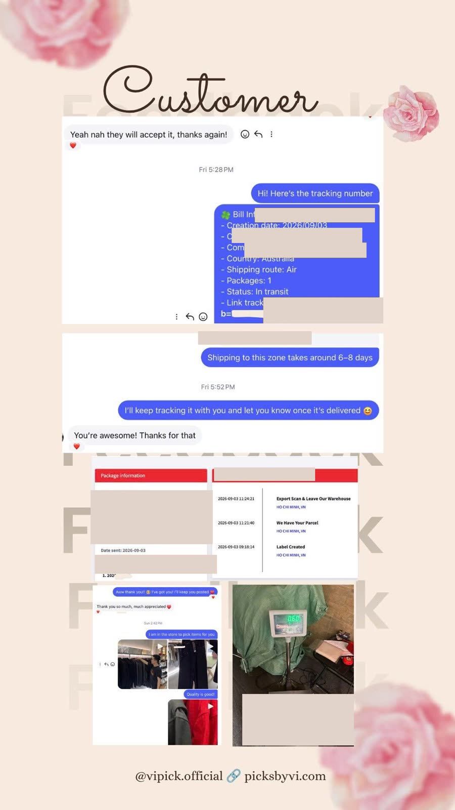 Customer messages showing VI PICK tracking support for a Vietnamese fashion order to Australia, with private details hidden