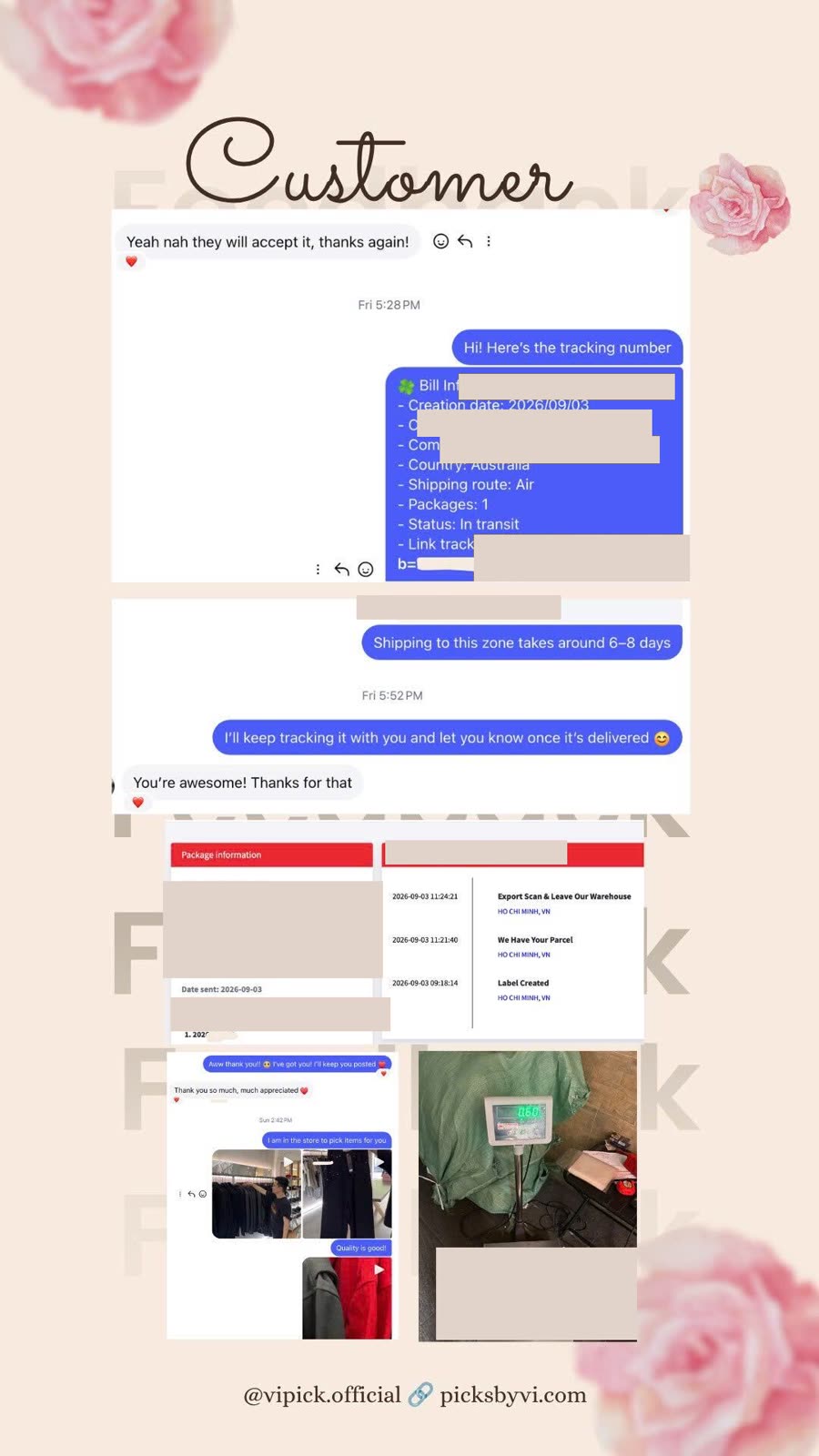 VI PICK Vietnam customer feedback showing tracked fashion order support for Australia delivery