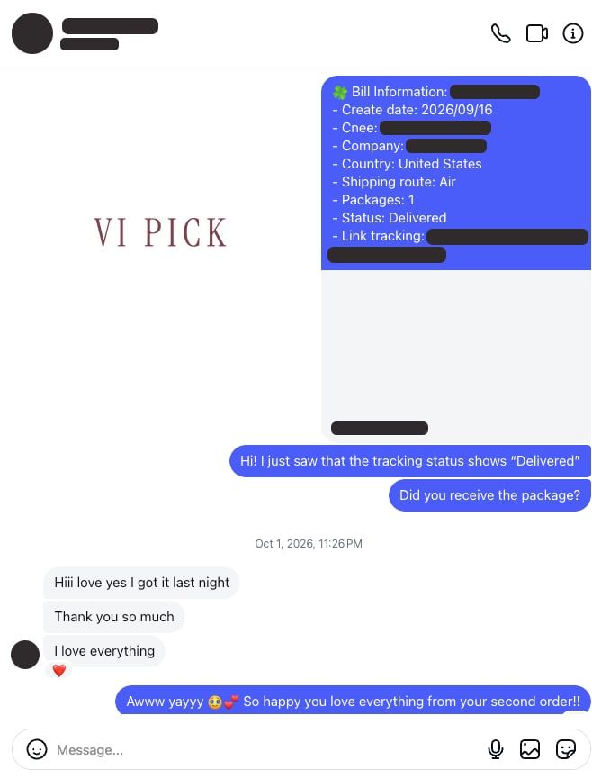 Instagram chat with a VI PICK customer in the US: carrier tracking showing Delivered, then the customer’s reply “yes I got it last night, thank you so much, I love everything” on her second order