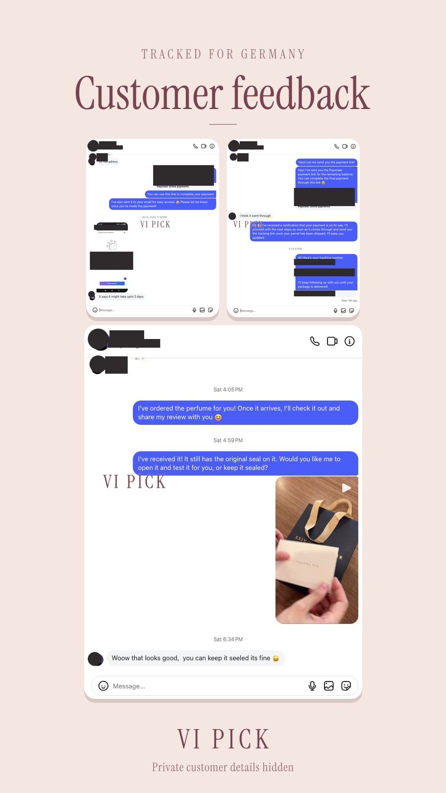 VI PICK QC of a sealed XXIV Perfume Bar bottle for a Germany order, then the payment link and tracking update, with names, tokens, and tracking covered
