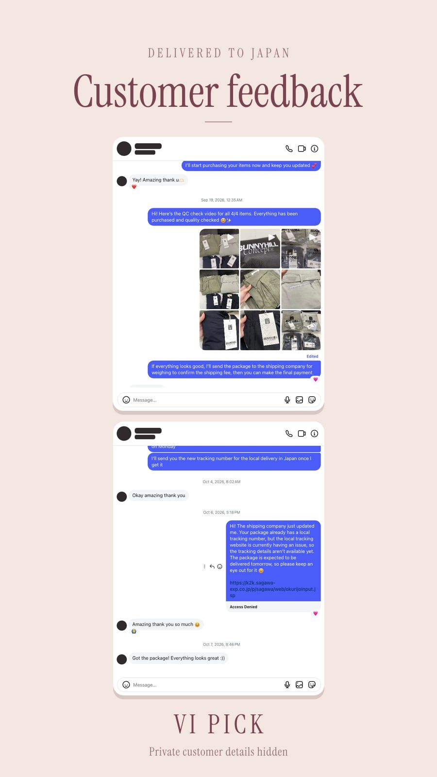VI PICK QC videos of a four-item Bunny Hill order, then customer feedback after delivery in Japan, with private details hidden