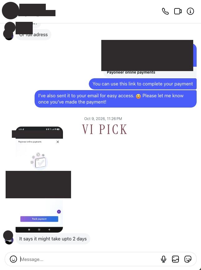 VI PICK payment link sent for an XXIV Perfume Bar order to Germany, with the Payoneer token, recipient name, and payment ID covered