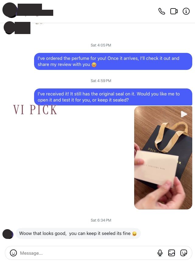 VI PICK QC of a sealed XXIV Perfume Bar bottle in the store bag, then the customer asking to keep the seal, with the name covered