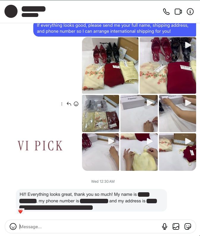 VI PICK QC review sent on Instagram for a US order: two pairs of NAGA Shoes heels in red and black with their boxes, plus three orié baie clothing pieces, shown in photos and unboxing videos before international shipping