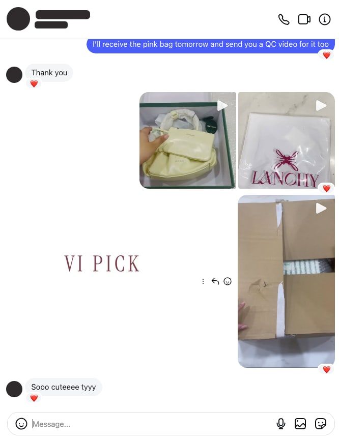 VI PICK QC videos sent on Instagram for a LANCHY order shipping to the US: a cream bag in its box, the LANCHY dust bag, and the packed parcel