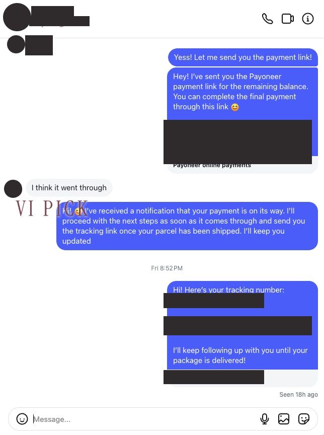 VI PICK tracking update for an XXIV Perfume Bar parcel to Germany, with the tracking number, courier URL, and payment link covered
