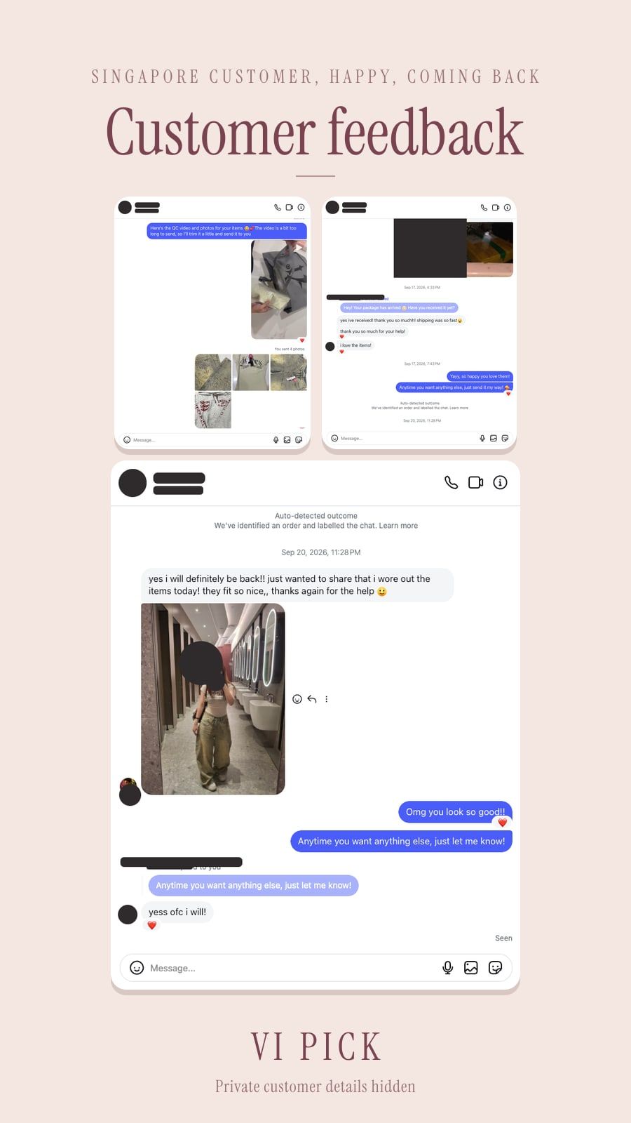 A Singapore customer’s HADES QC, delivery, and fit photos with VI PICK, face and address covered: she loved the items and will definitely be back