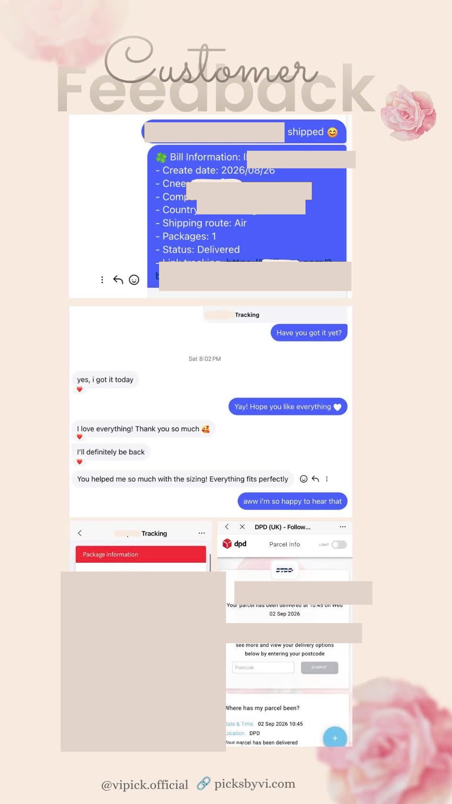 VI PICK Vietnam customer feedback about sizing help and delivered fashion order to the United Kingdom