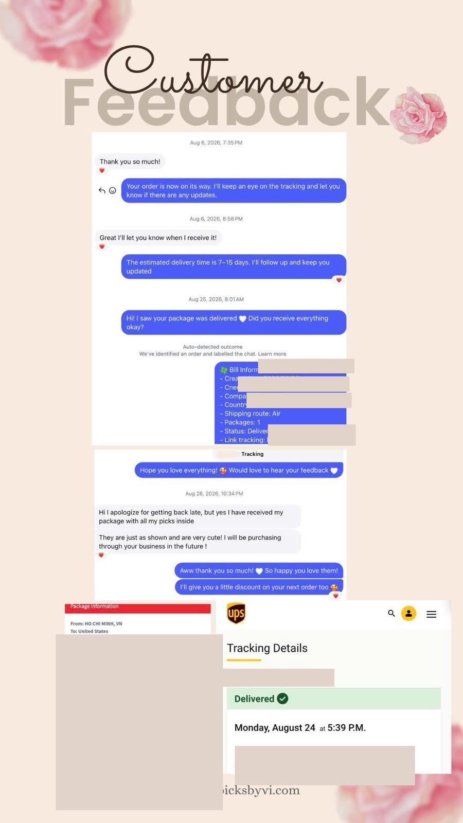 Customer feedback after a VI PICK Vietnamese fashion order was delivered to the United States, with private details hidden