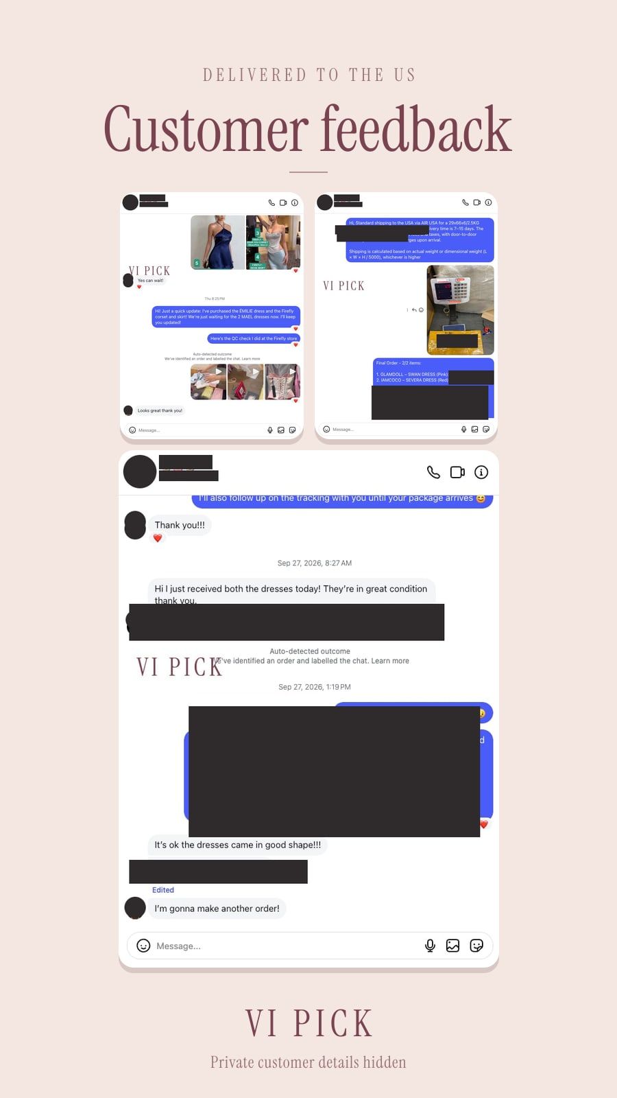 VI PICK QC of ÉMILIE and Firefly pieces, then a US customer confirming the dresses arrived in good shape and writing she will order again, with names and prices covered