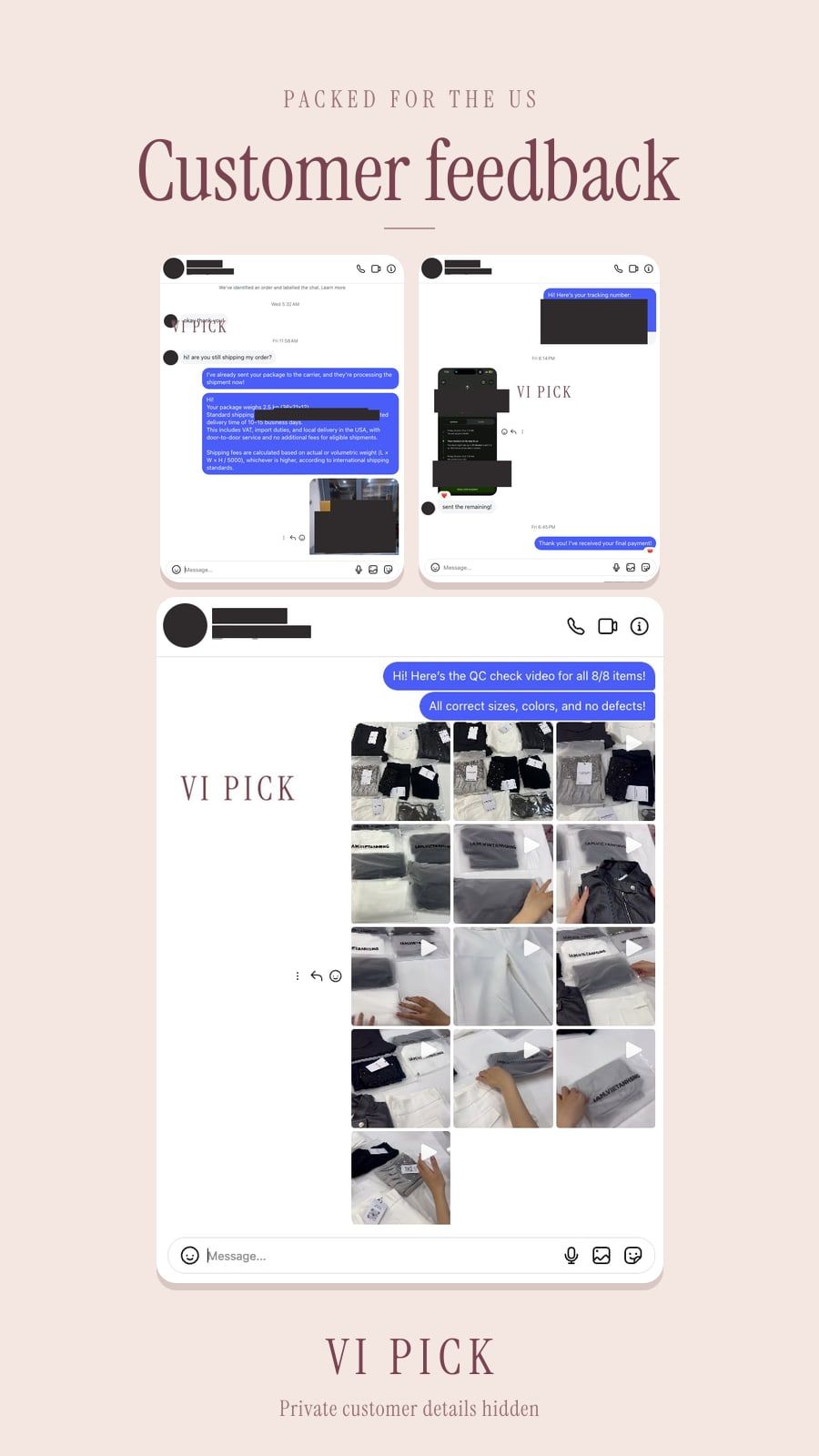 VI PICK QC of an eight-item I.am.vietanhsng order, then the parcel packed for the US, with names, prices, tracking, and the address on the box covered