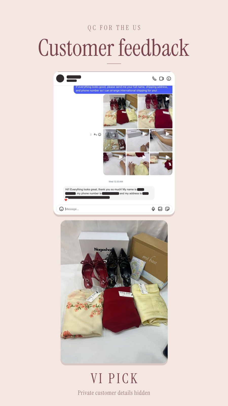 VI PICK QC of NAGA Shoes heels and orié baie pieces for a US order, then the customer writing “Everything looks great,” with name, phone, and address covered
