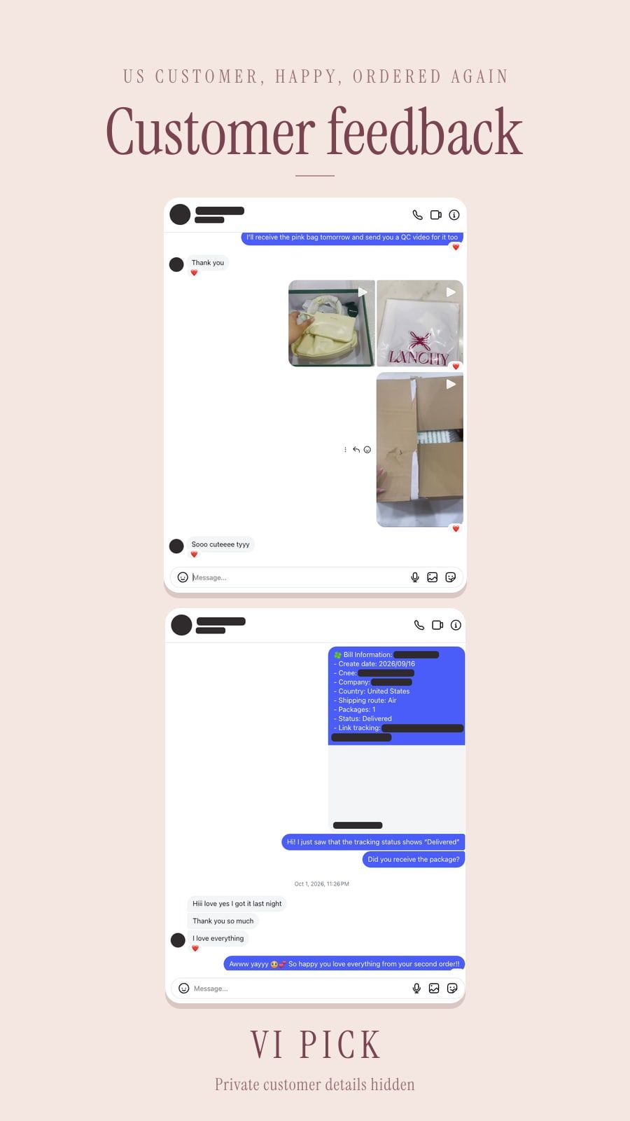 A US customer’s LANCHY QC and delivery chat with VI PICK: she loved everything, then placing the next order, with private details hidden