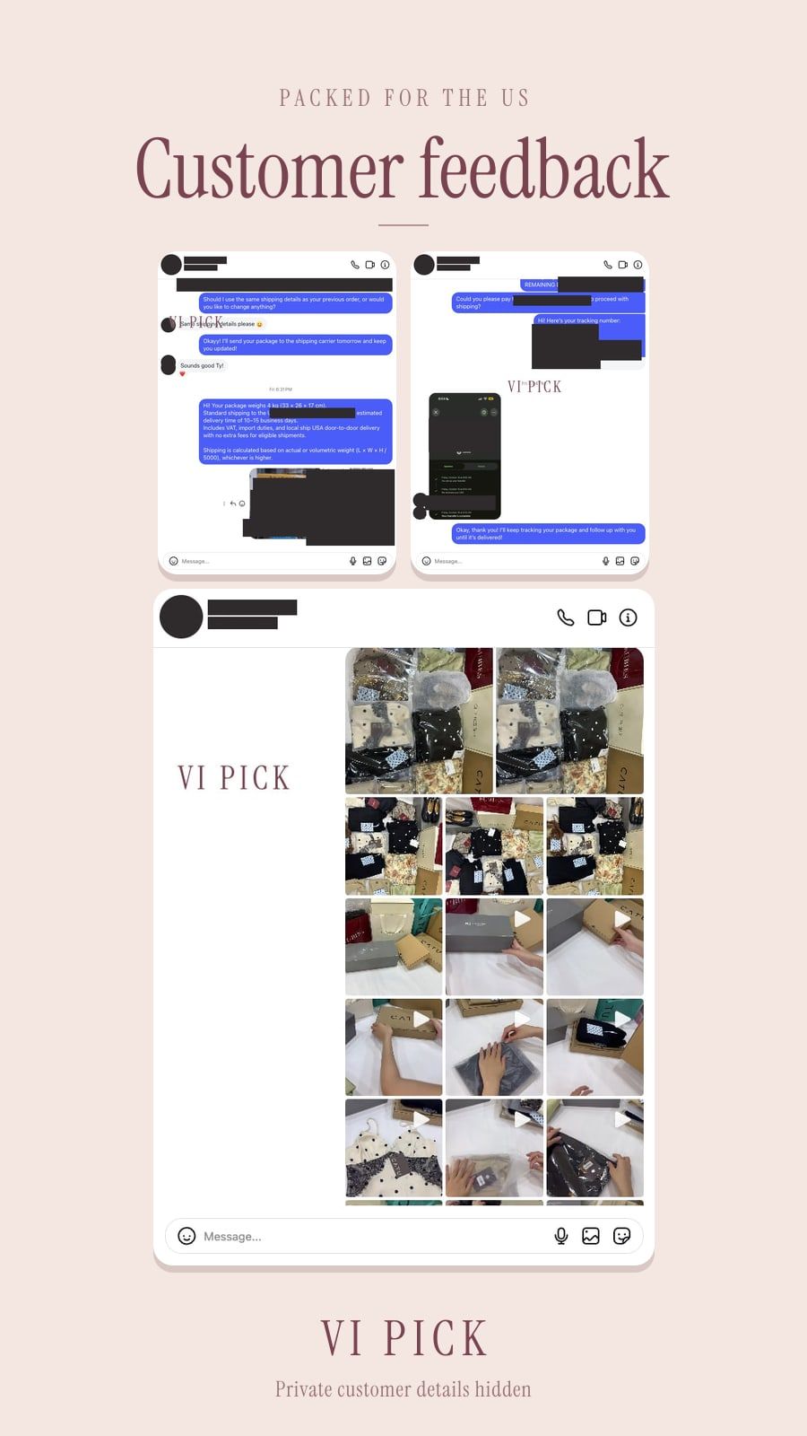 VI PICK QC of a 13-item TUBYCATU, RUBIES, and Clothes Bar order, then the parcel packed for the US, with names, prices, address, and tracking covered